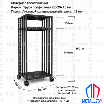 Дровница металлическая с полками на колёсиках Metall78, В850×Ш400×Г300 мм